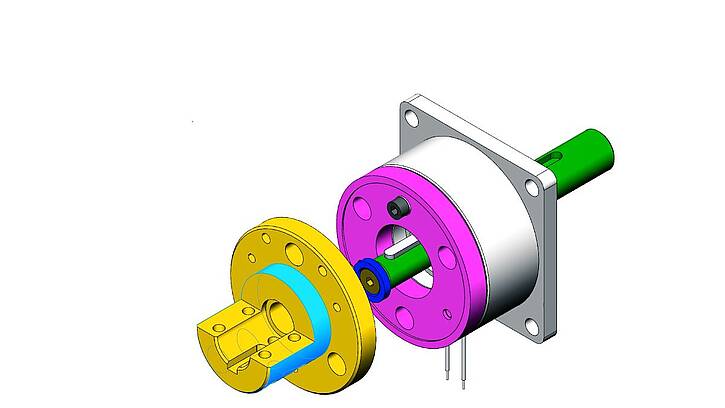 CAD-Modell einer elektromagnetischen Bremse von KEB Automation mit farblich markierten Bauteilen