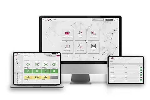 Verschiedene NOA Dashboards auf 3 verschiedenen Endgeräten, einschließlich der Apps Condition Monitoring und Device Management
