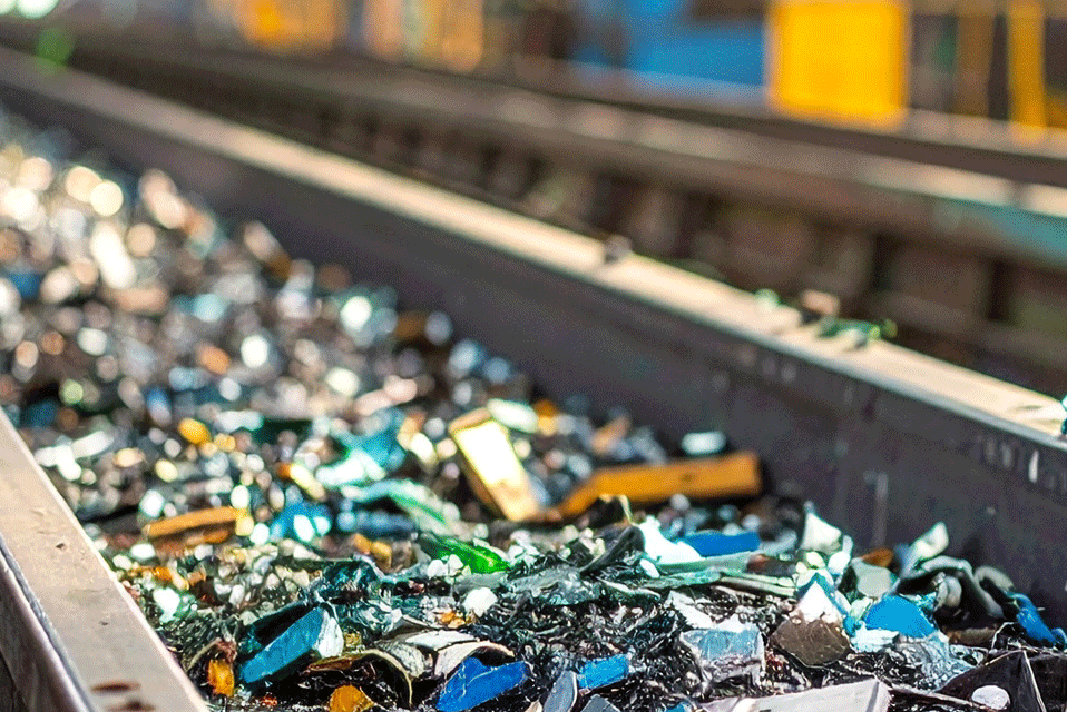 Metal chunks on a conveyor belt in a metal recycling facility