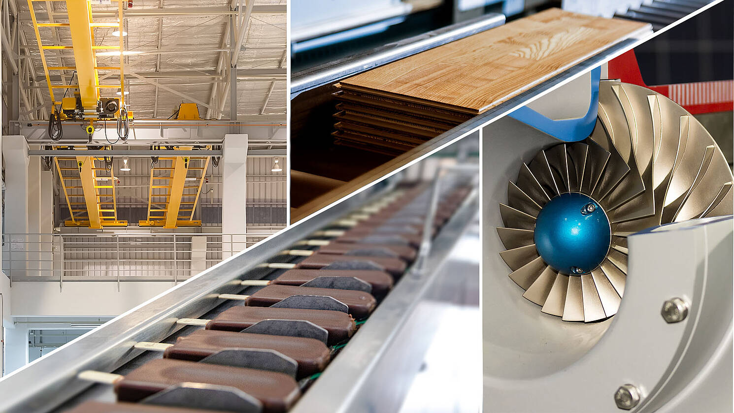 Collage of four different areas of application in which KEB Automation products are used: Intralogistics, e.g. with cranes, woodworking machinery, turbo blowers and compressors as well as in pack and food machines