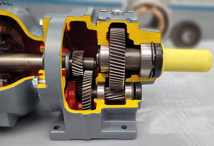 real cutaway model of a helical gear unit with motor made by KEB