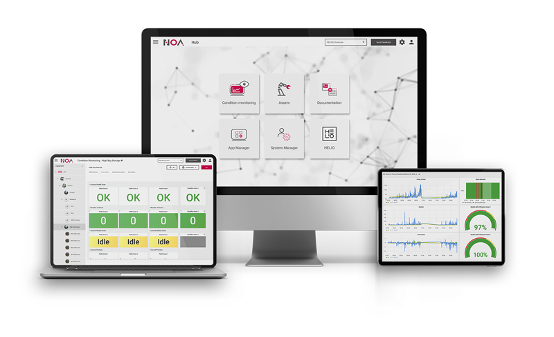 different dashboards of the innovative automation platform NOA, developed by KEB Automation, on three different devices
