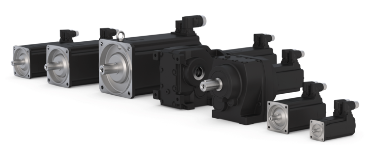 7 servomotors of various sizes, some with gearboxes, from the TA series, produced by KEB Antriebstechnik