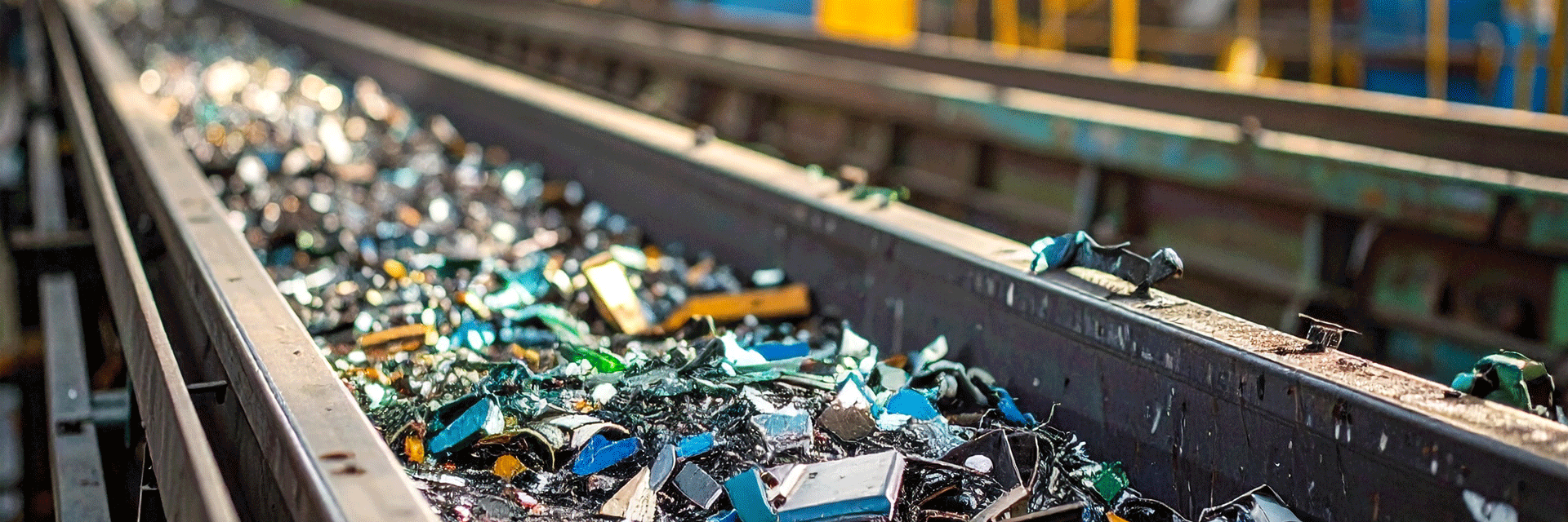 Metal chunks on a conveyor belt in a metal recycling facility