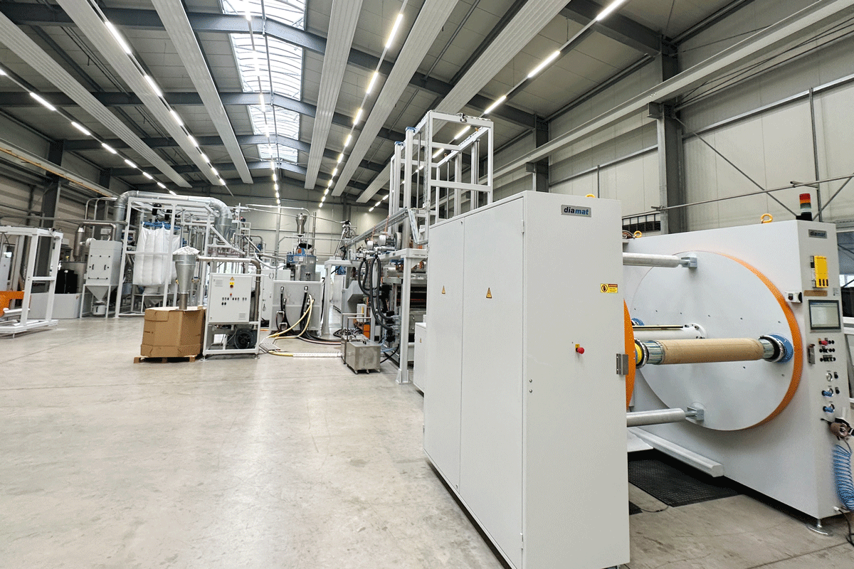 The machine hall at Diamat Maschinenbau in Dinkelsbühl (Bavaria) with plastic bottle recycling machines