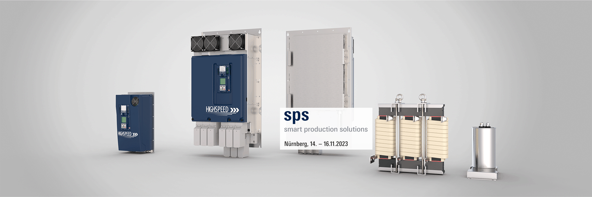Group picture of the high speed drives manufactured and distributed by KEB Automation on grey background with the logo of the SPS 2023
