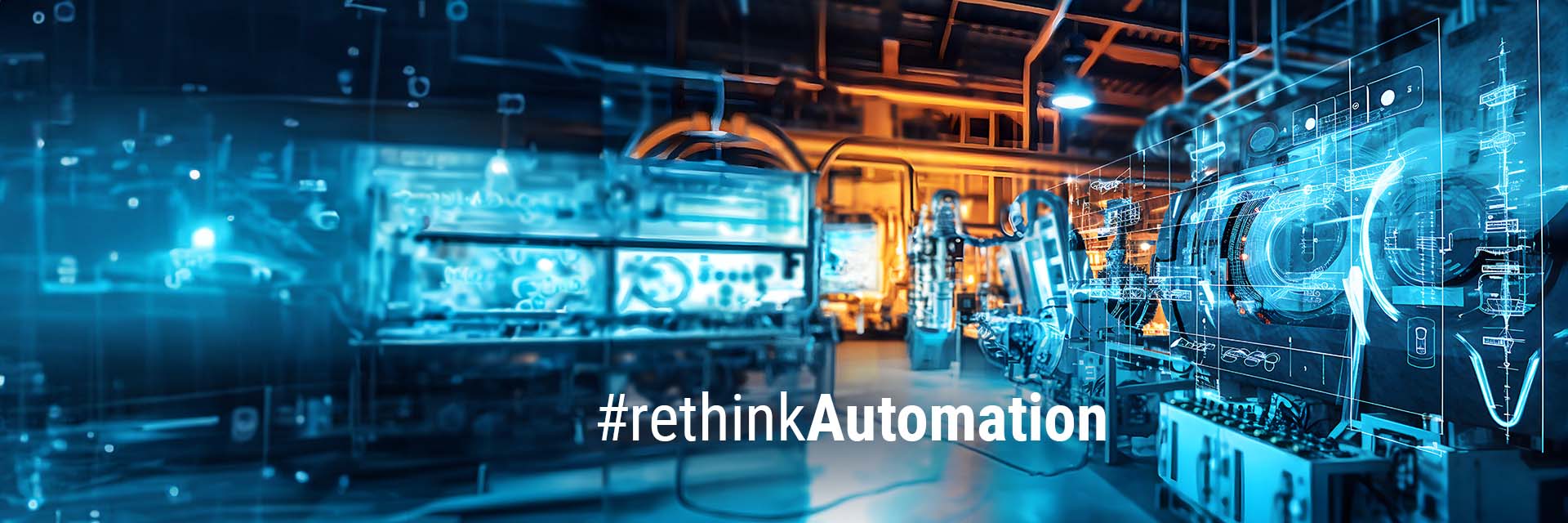 Factory hall with visually emphasised elements and the slogan #rethinkAUTOMATION