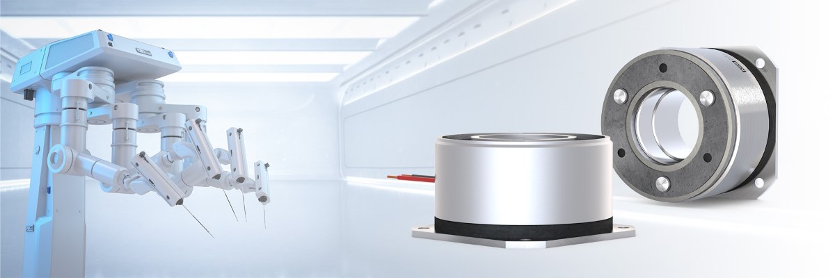 on the right side: 2 COMBIPERM permanent magnet brakes from KEB Automation, on the left side: a medical surgery robot. in the background: a clean white surgery room