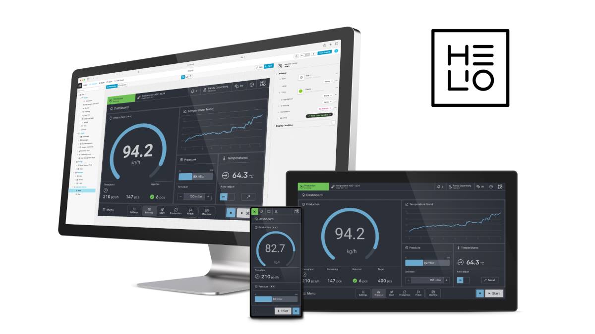 an example of a HMI dashboard by the HMI tool HELIO on 3 different devices. The HELIO logo is in the upper right corner